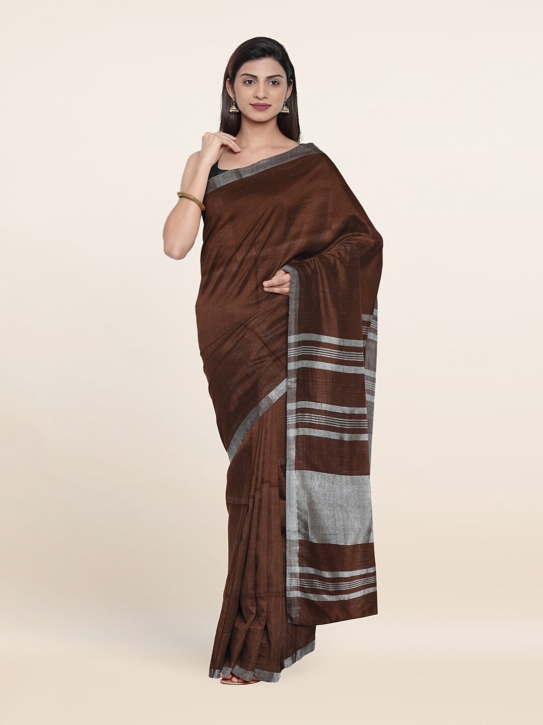 

Pothys Brown & Silver-Toned Zari Linen Blend Saree