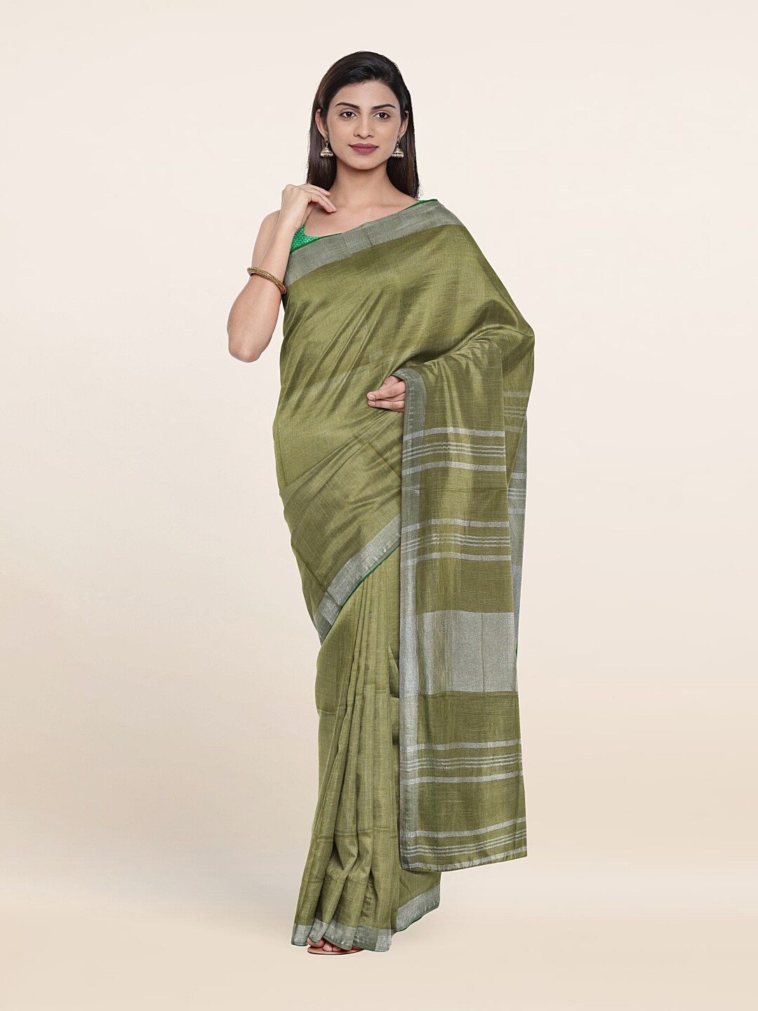 

Pothys Green & Silver-Toned Zari Linen Blend Saree