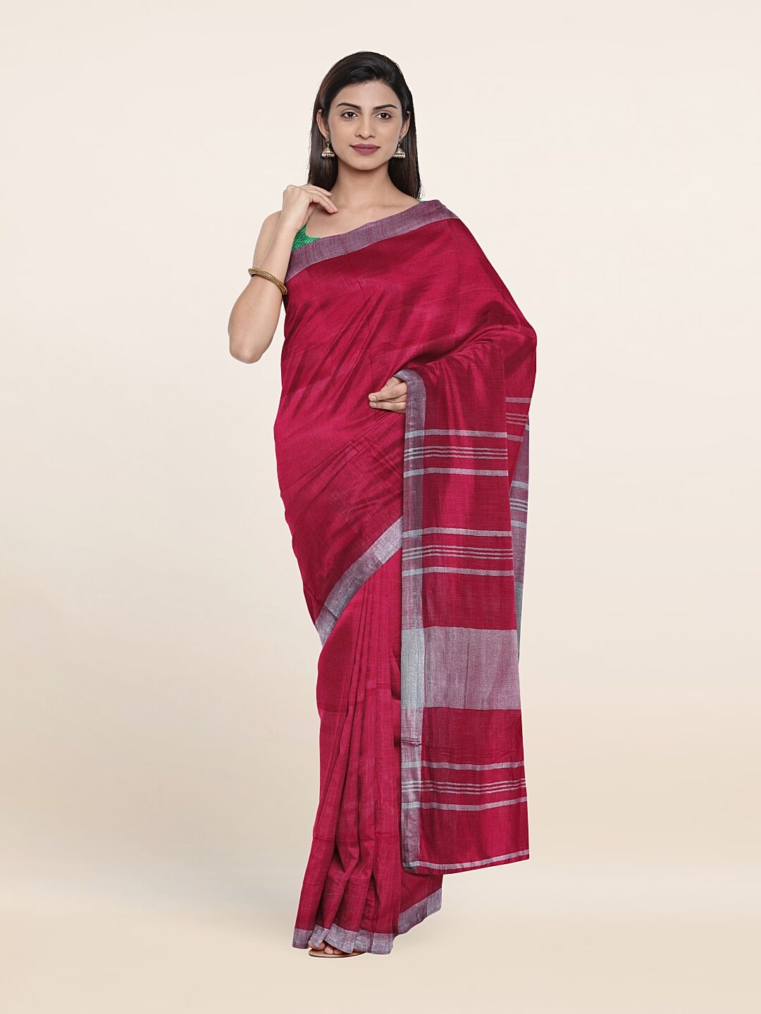 

Pothys Pink & Silver-Toned Zari Linen Blend Saree