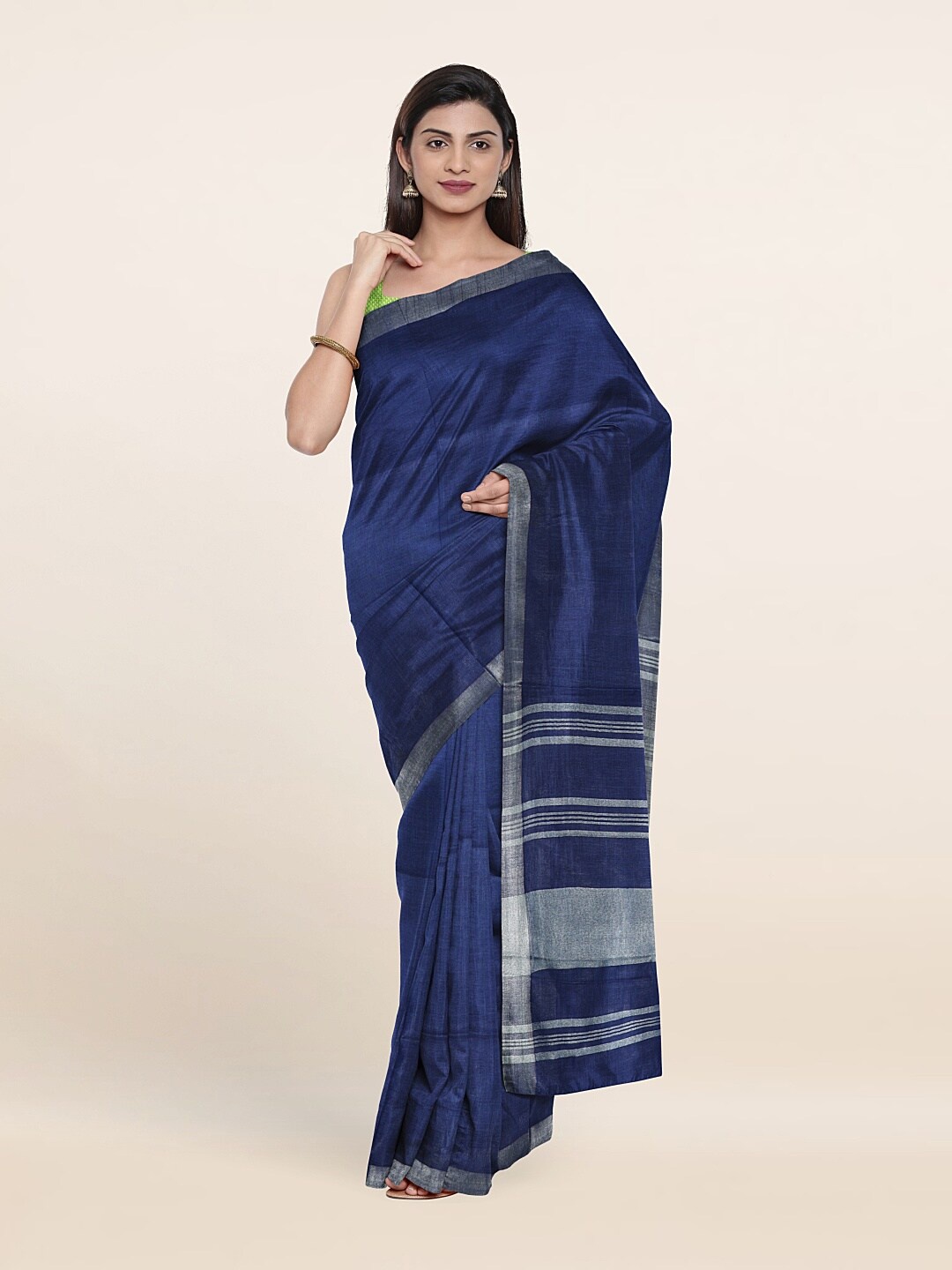 

Pothys Blue & Silver-Toned Zari Linen Blend Saree
