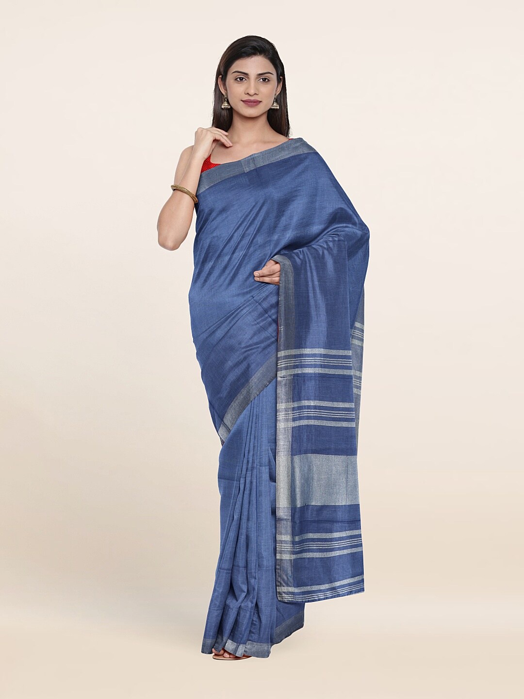 

Pothys Blue & Silver-Toned Zari Linen Blend Saree