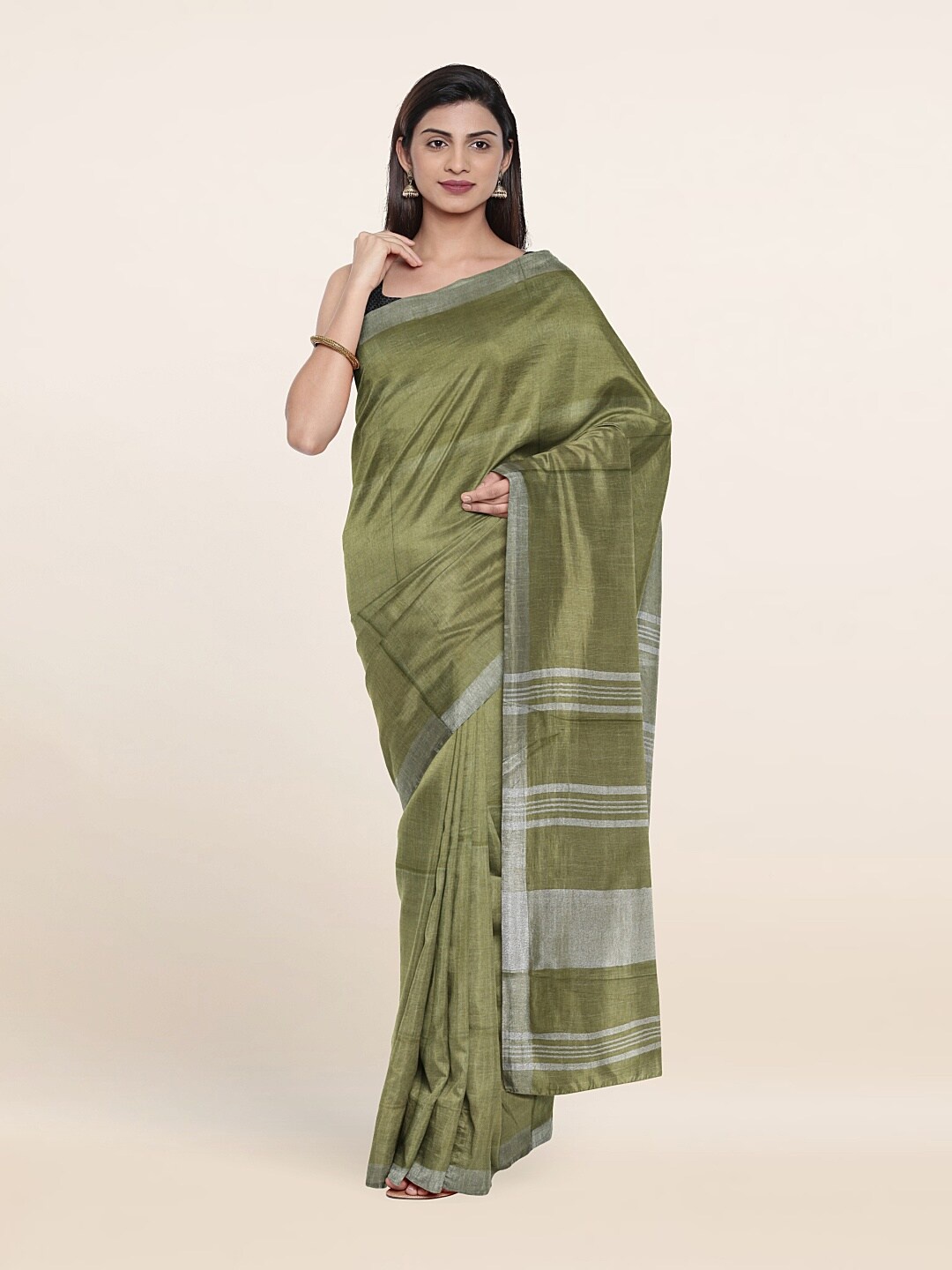 

Pothys Green & Silver-Toned Zari Linen Blend Saree