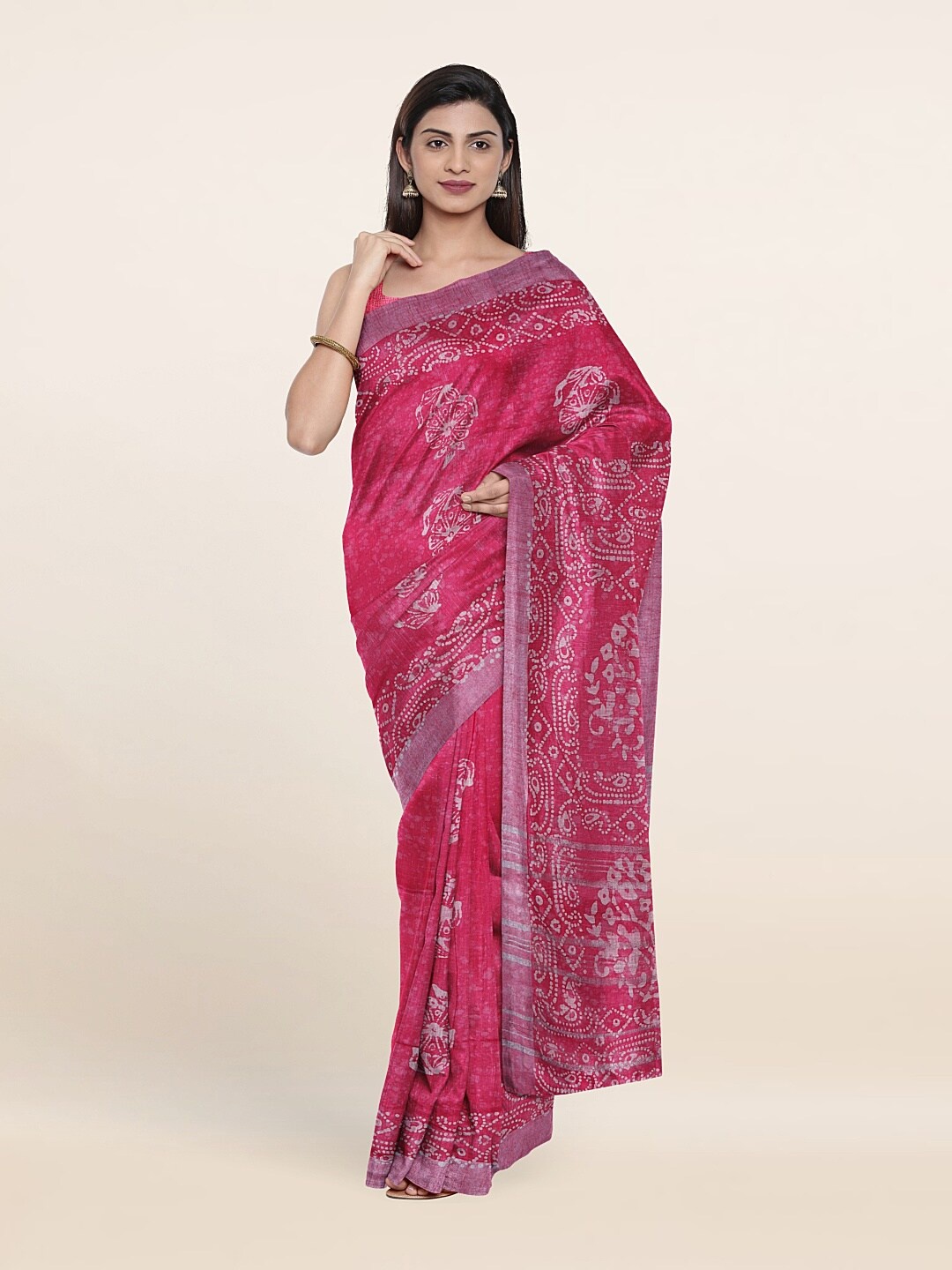 

Pothys Pink & White Floral Zari Linen Blend Saree