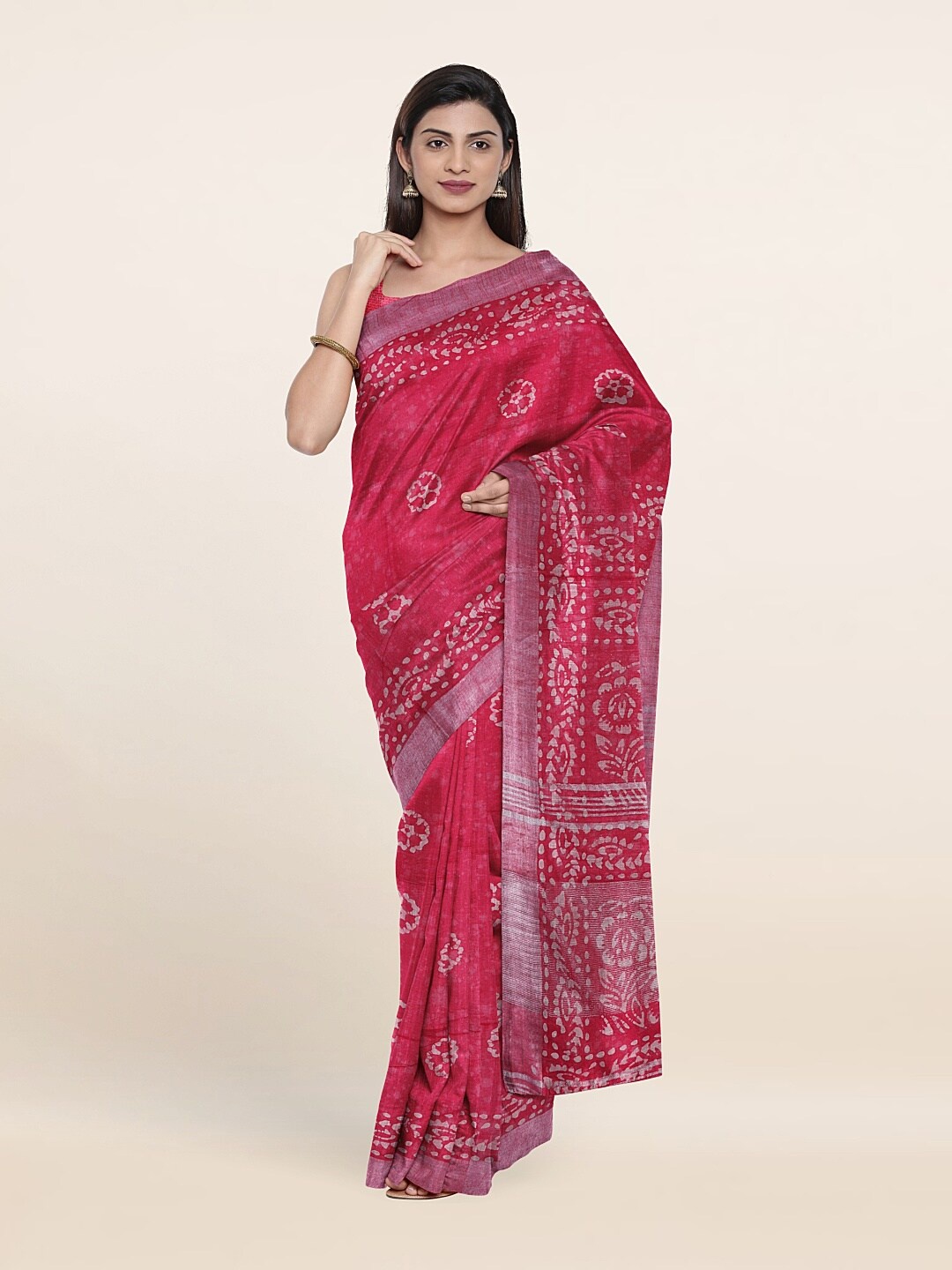 

Pothys Pink & White Floral Zari Linen Blend Saree