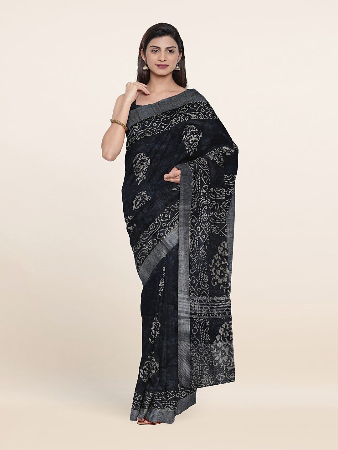 

Pothys Batik Zari Linen Blend Saree, Black