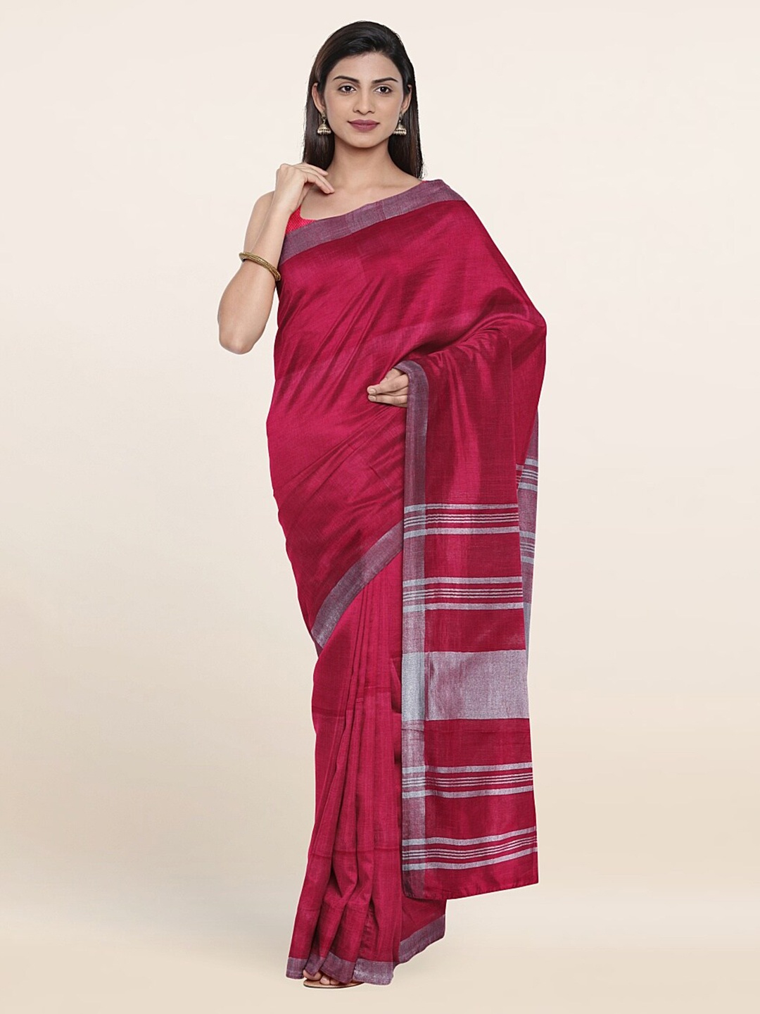 

Pothys Pink & Silver-Toned Zari Linen Blend Saree
