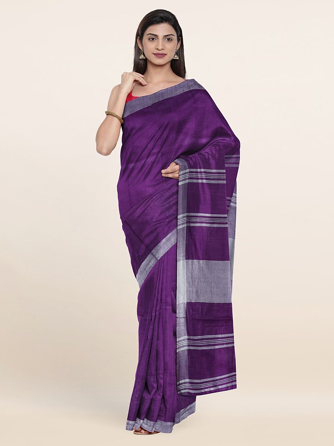 

Pothys Violet & Silver-Toned Zari Linen Blend Saree