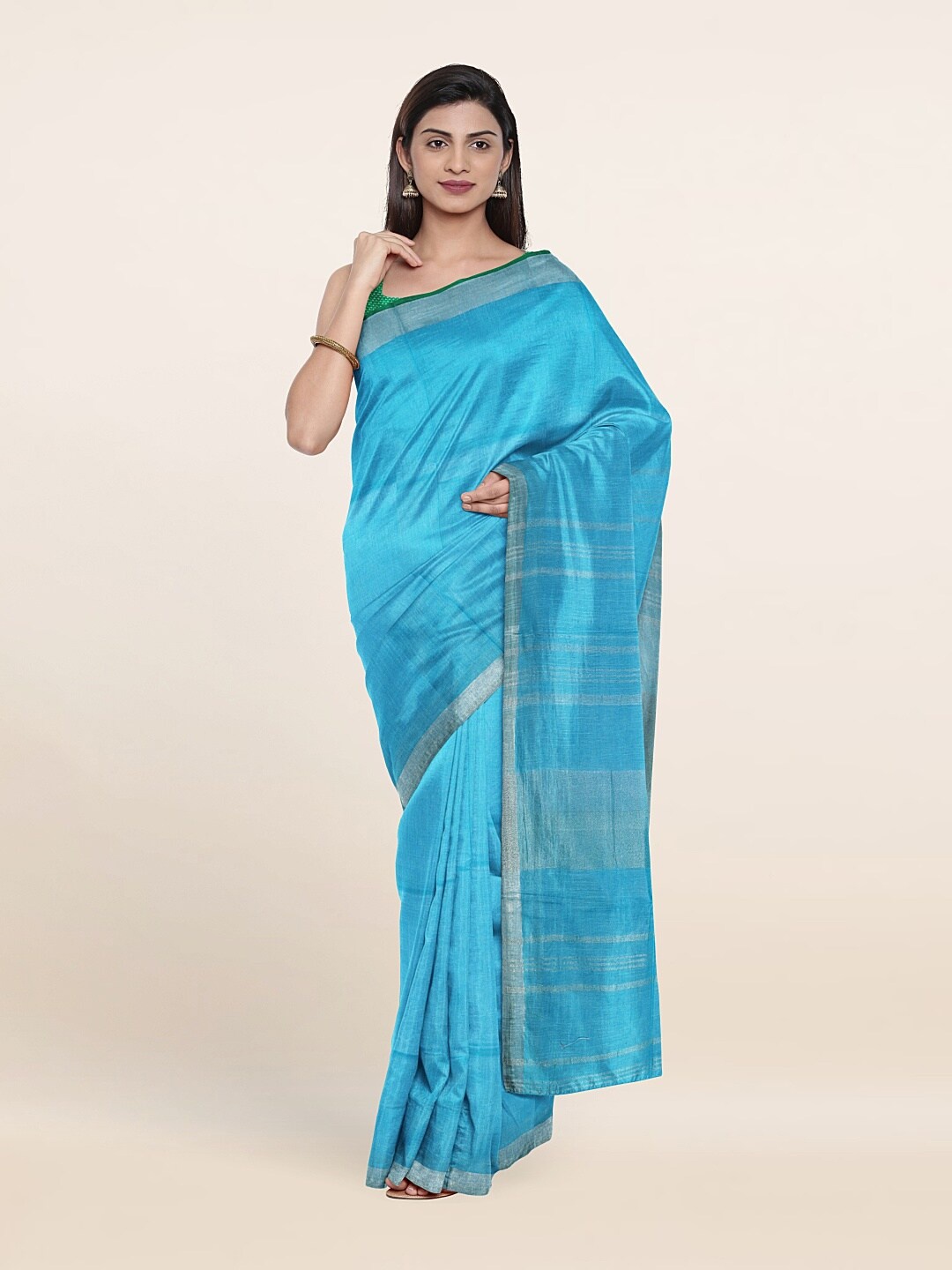 

Pothys Blue & Silver-Toned Zari Linen Blend Saree