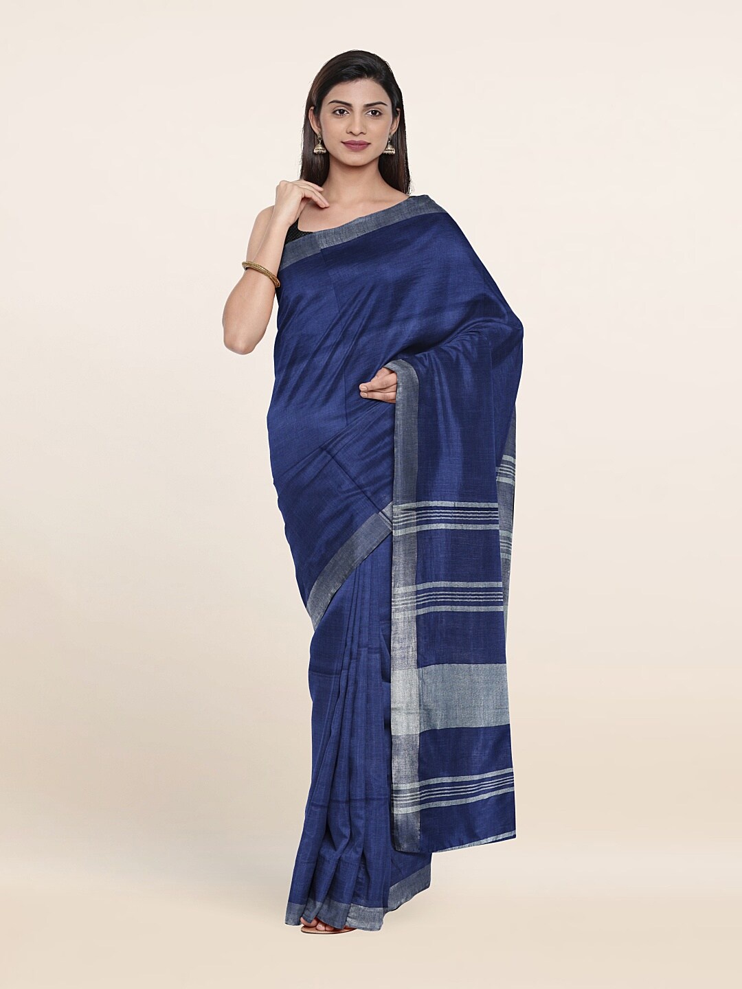 

Pothys Blue & Silver-Toned Zari Linen Blend Saree