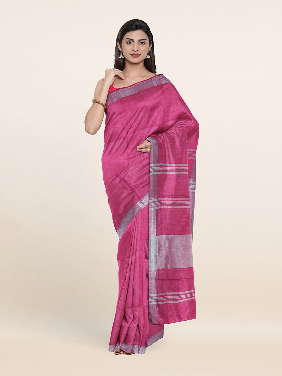 

Pothys Pink & Silver-Toned Zari Linen Blend Saree