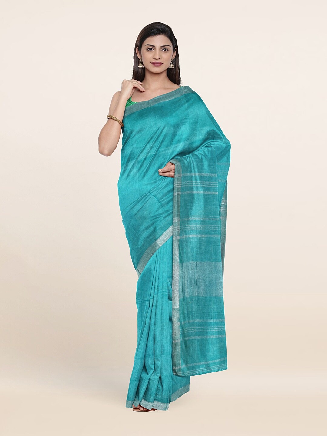 

Pothys Zari Linen Blend Saree, Blue