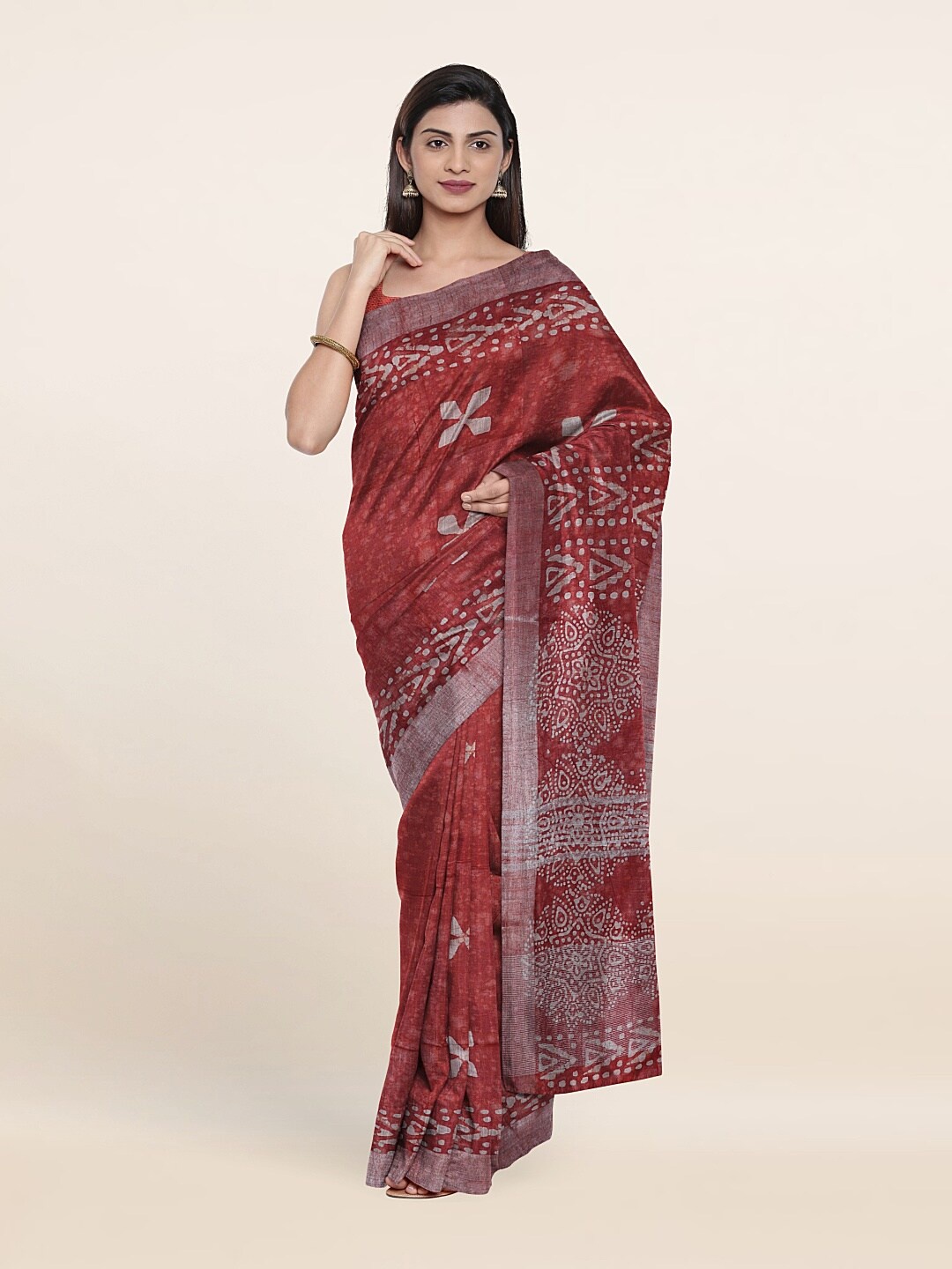 

Pothys Rust & Silver-Toned Batik Zari Linen Blend Saree