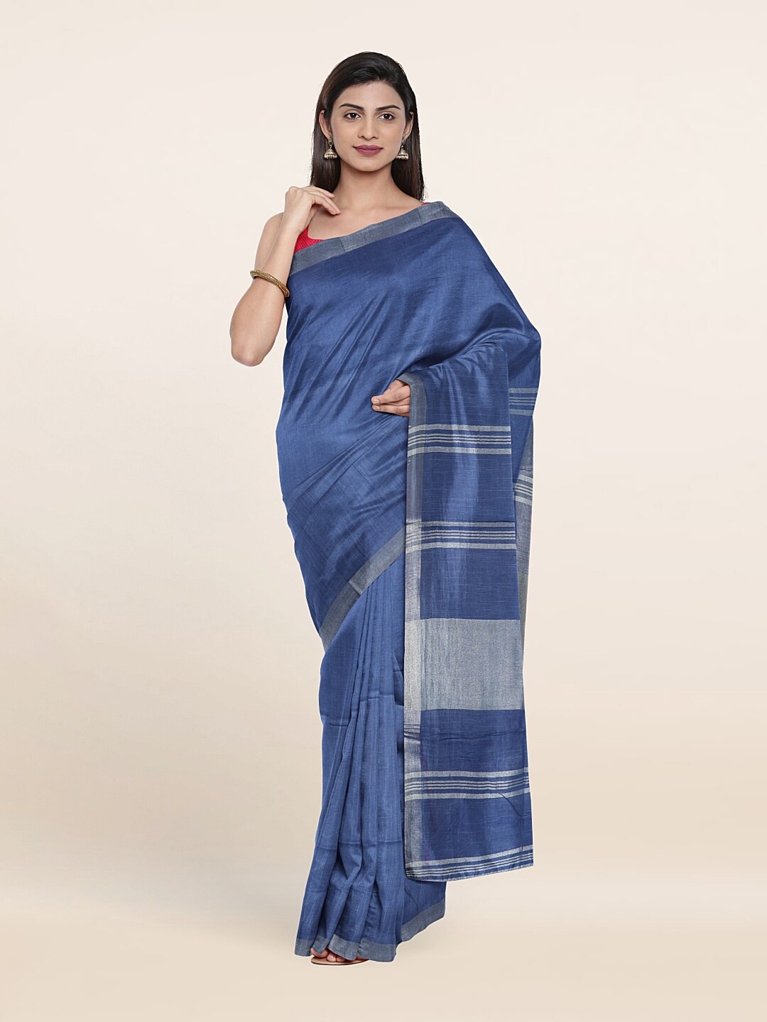 

Pothys Blue & Silver-Toned Zari Linen Blend Saree