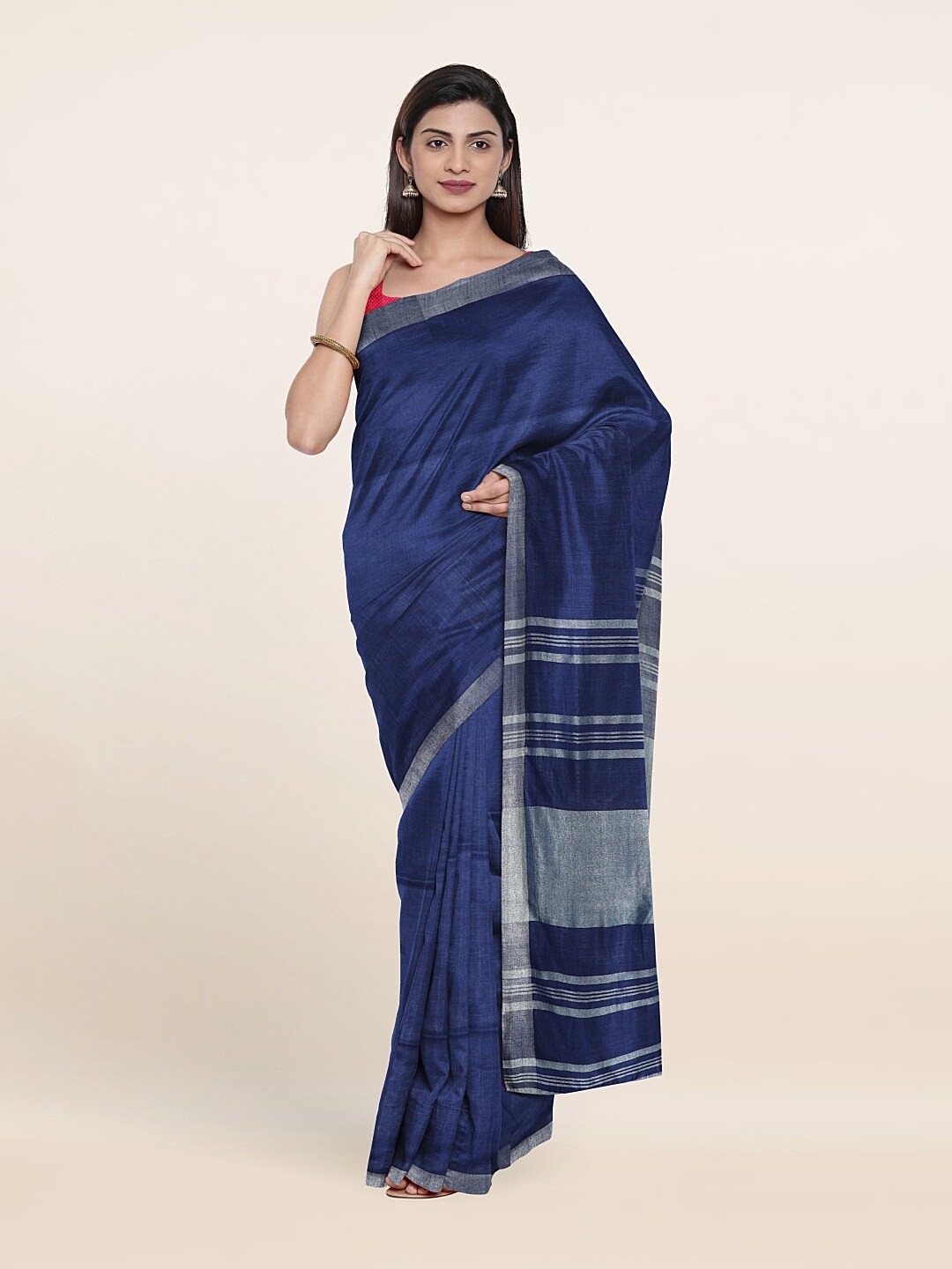 

Pothys Blue & Silver-Toned Zari Linen Blend Saree