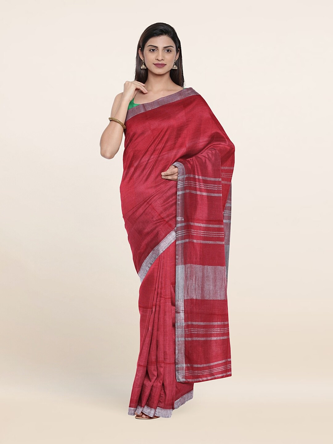 

Pothys Pink & Silver-Toned Zari Linen Blend Saree