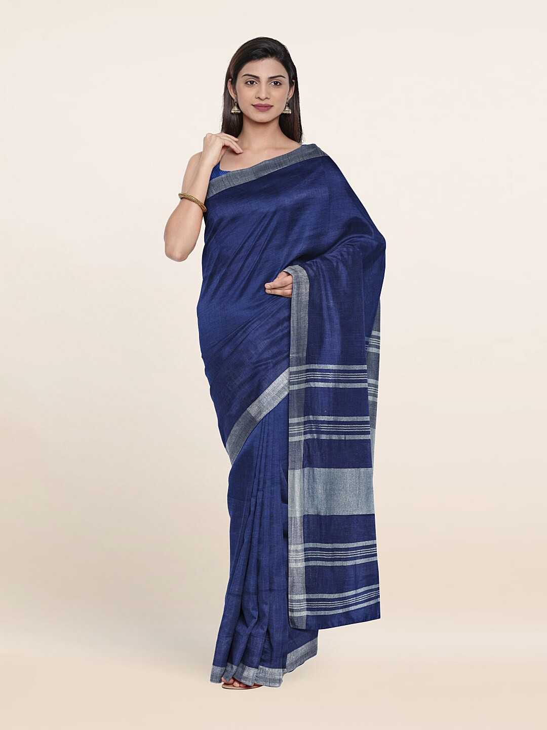 

Pothys Printed Zari Linen Blend Saree, Blue