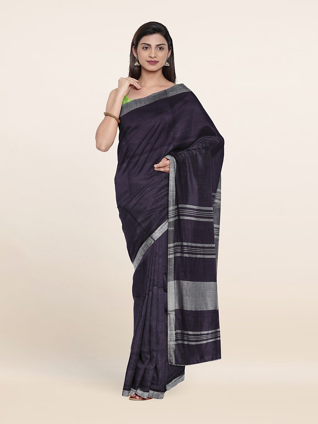 

Pothys Printed Zari Linen Blend Saree, Purple