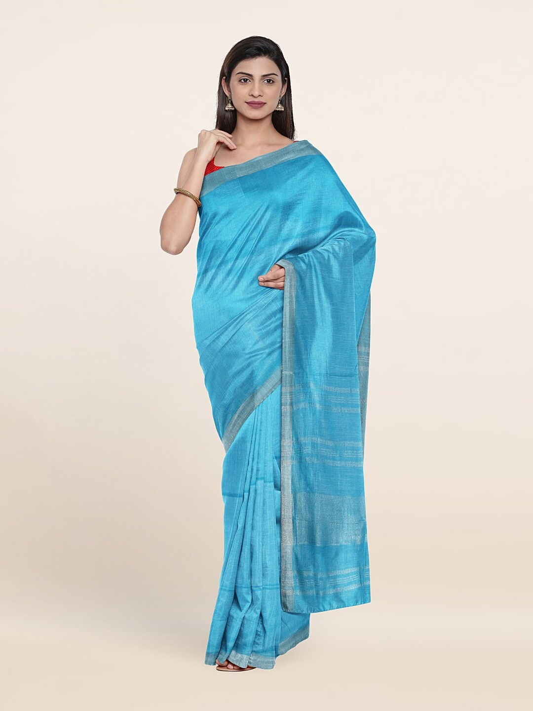 

Pothys Blue & Silver-Toned Zari Linen Blend Saree