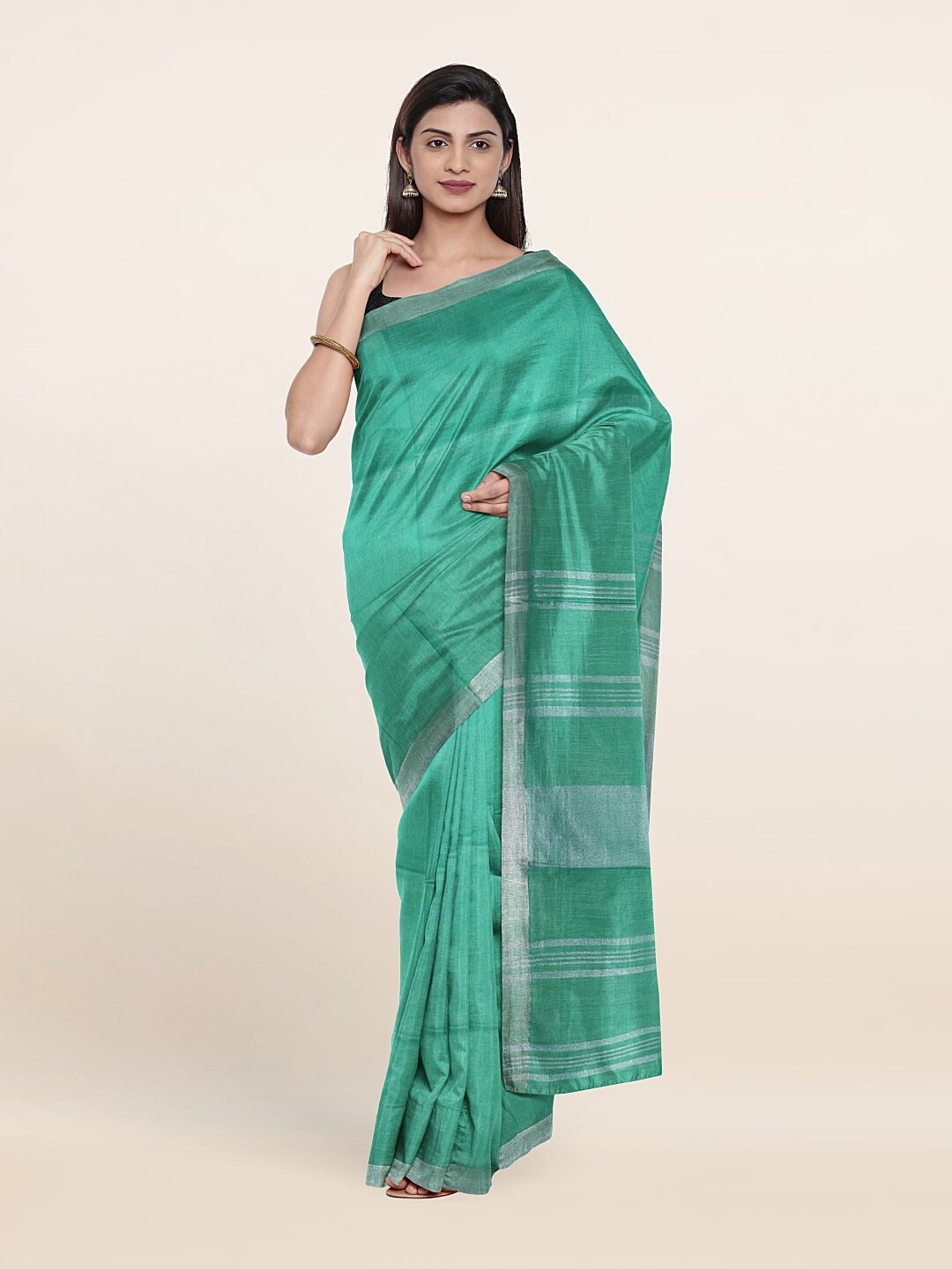 

Pothys Green & Silver-Toned Zari Linen Blend Saree
