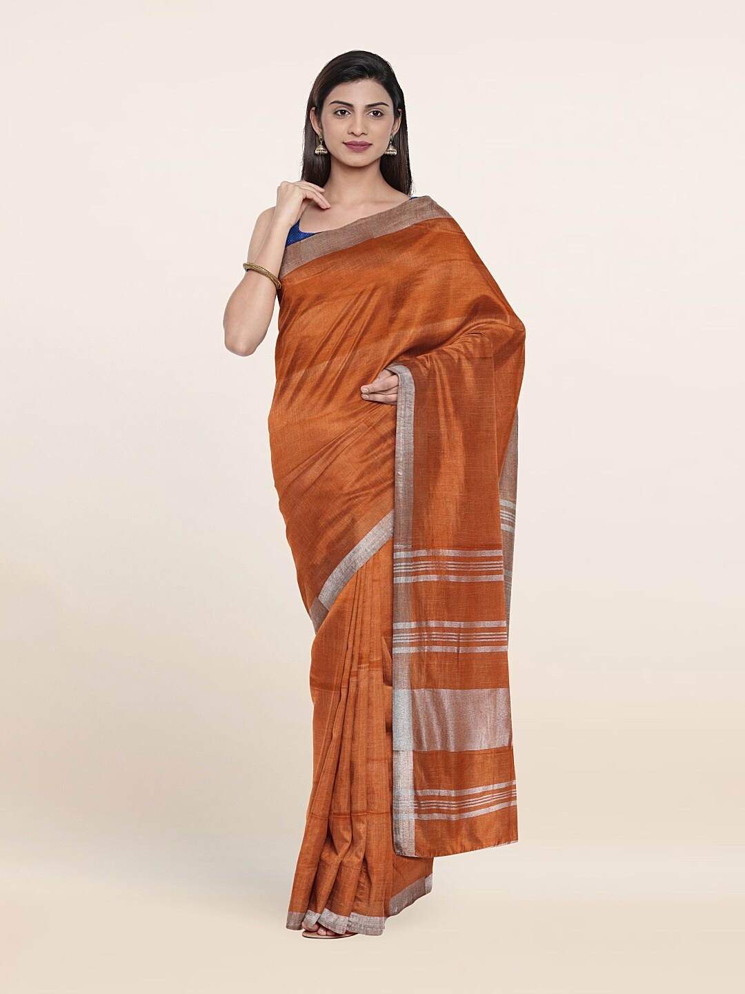 

Pothys Orange & Silver-Toned Zari Linen Blend Saree