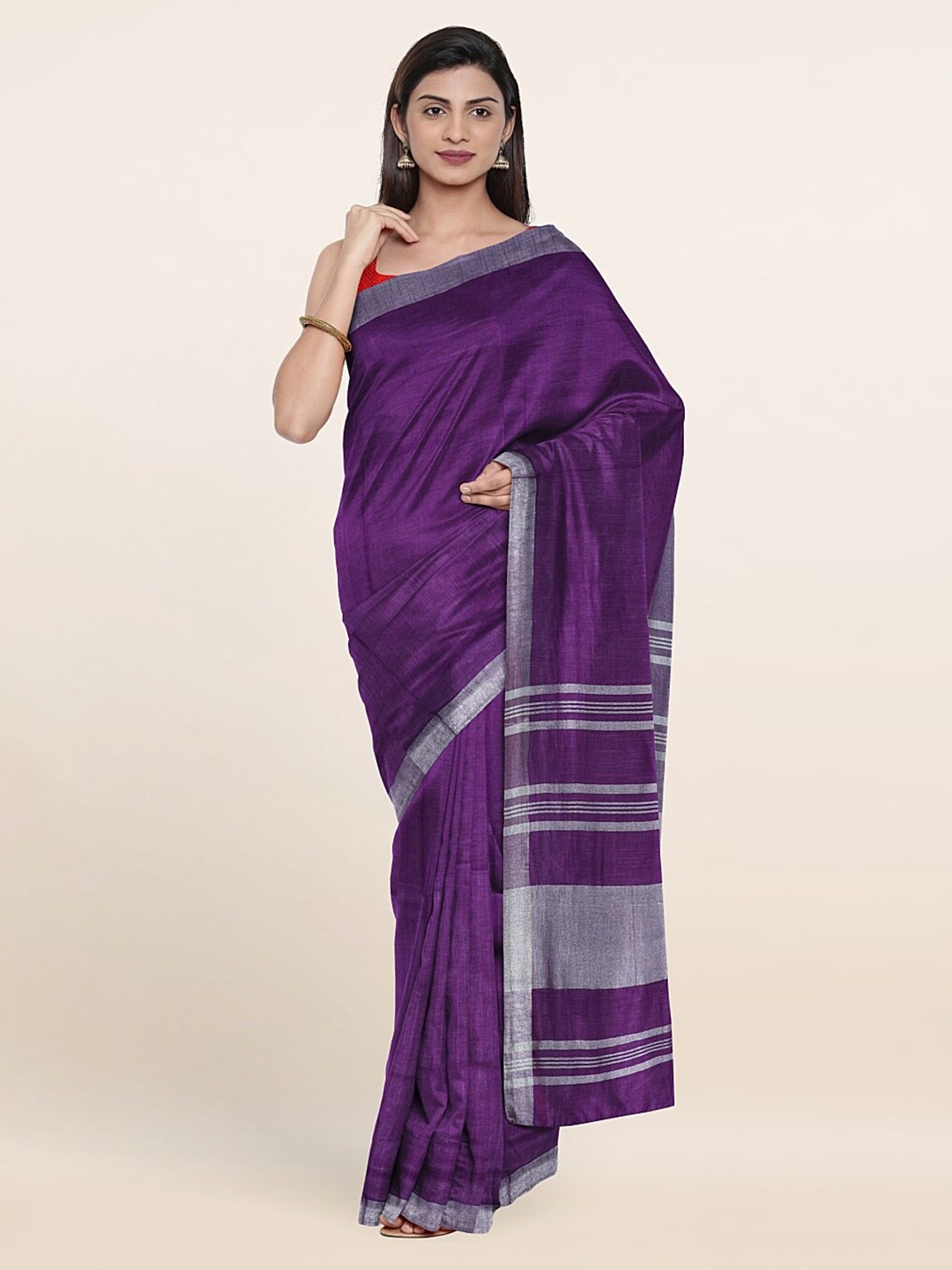 

Pothys Violet & Silver-Toned Zari Linen Blend Saree