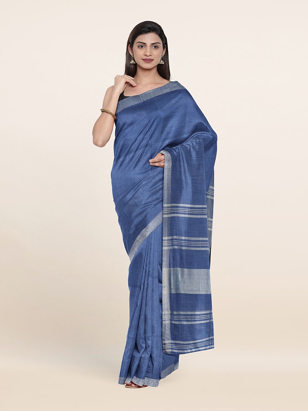 

Pothys Blue & Silver-Toned Zari Linen Blend Saree