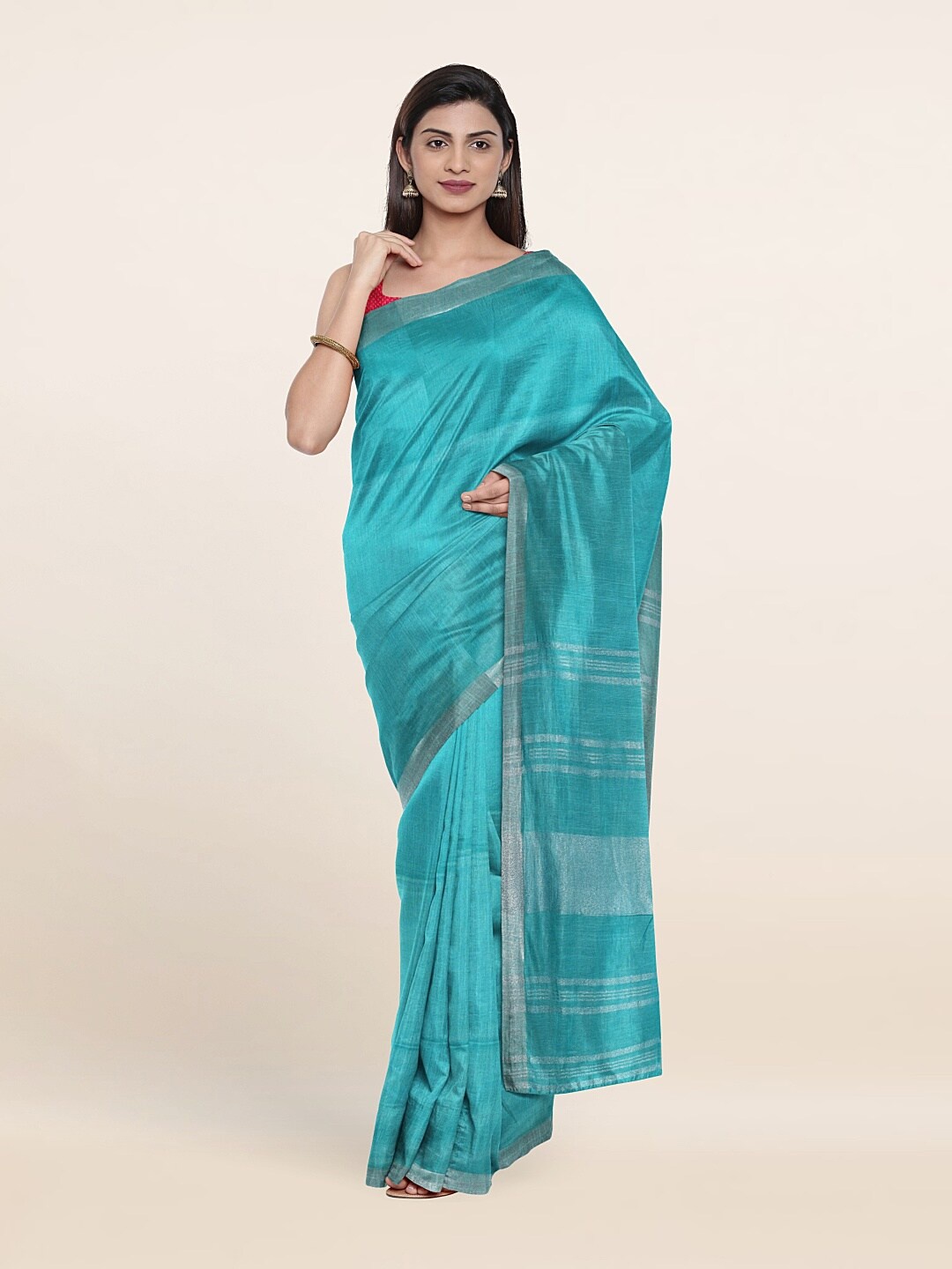 

Pothys Green & Silver-Toned Zari Linen Blend Saree