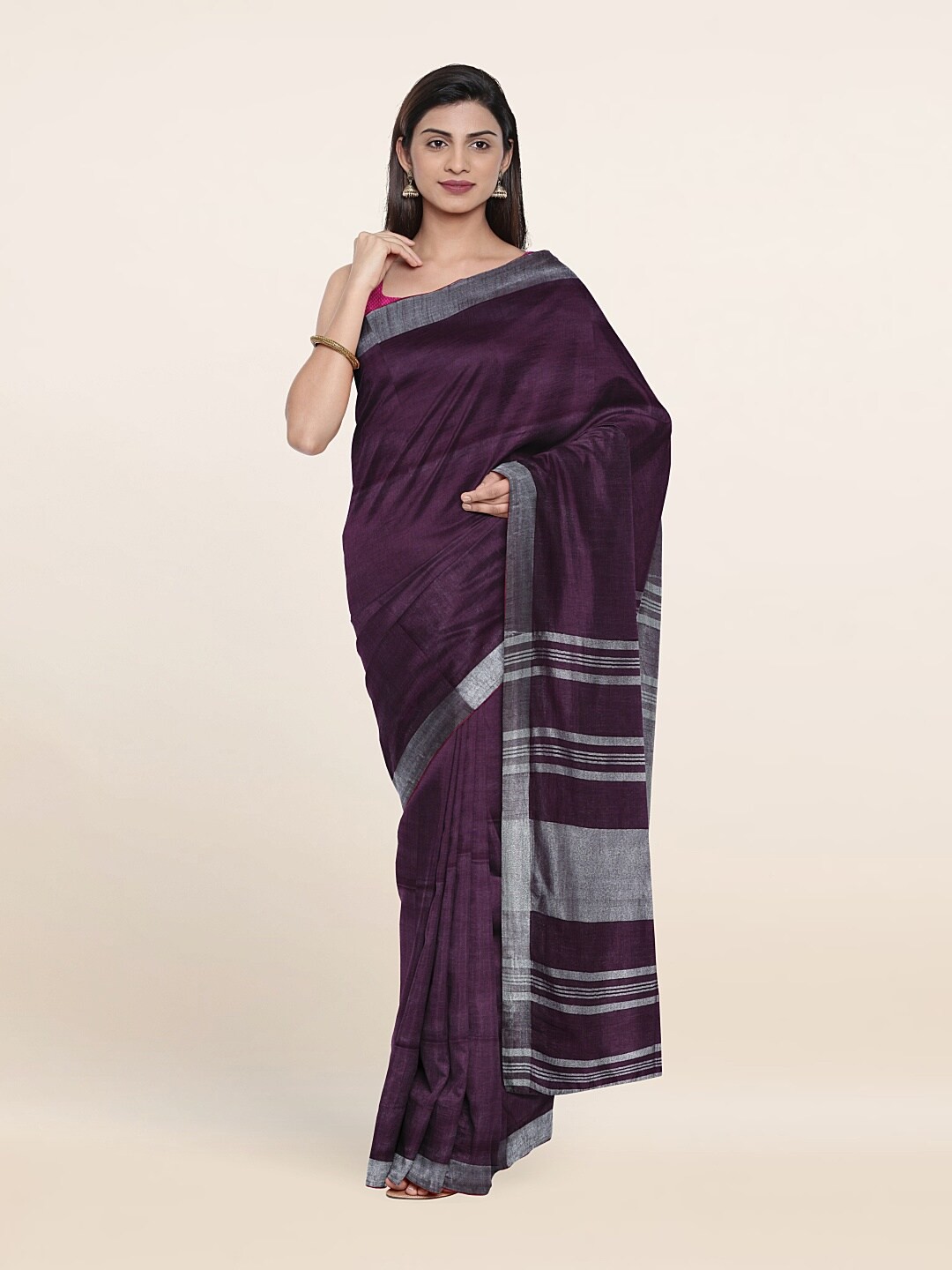 

Pothys Purple & Silver-Toned Zari Linen Blend Saree