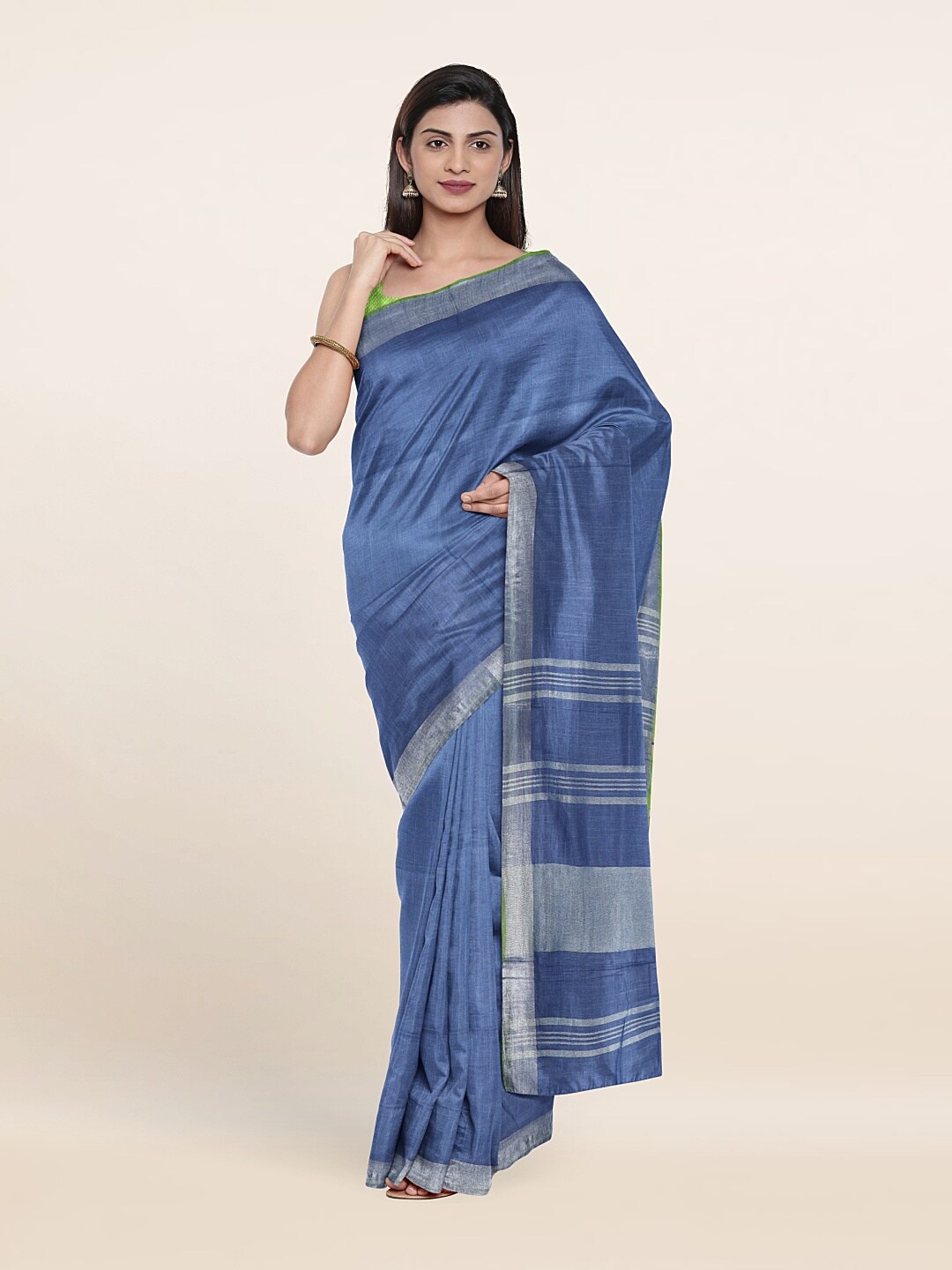 

Pothys Blue & Silver-Toned Zari Linen Blend Saree