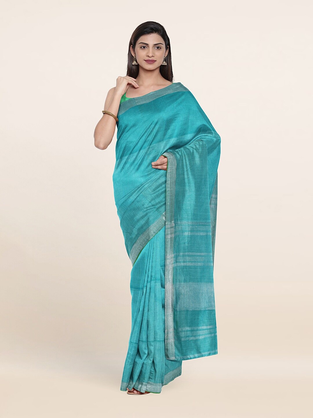 

Pothys Blue & Silver-Toned Zari Linen Blend Saree