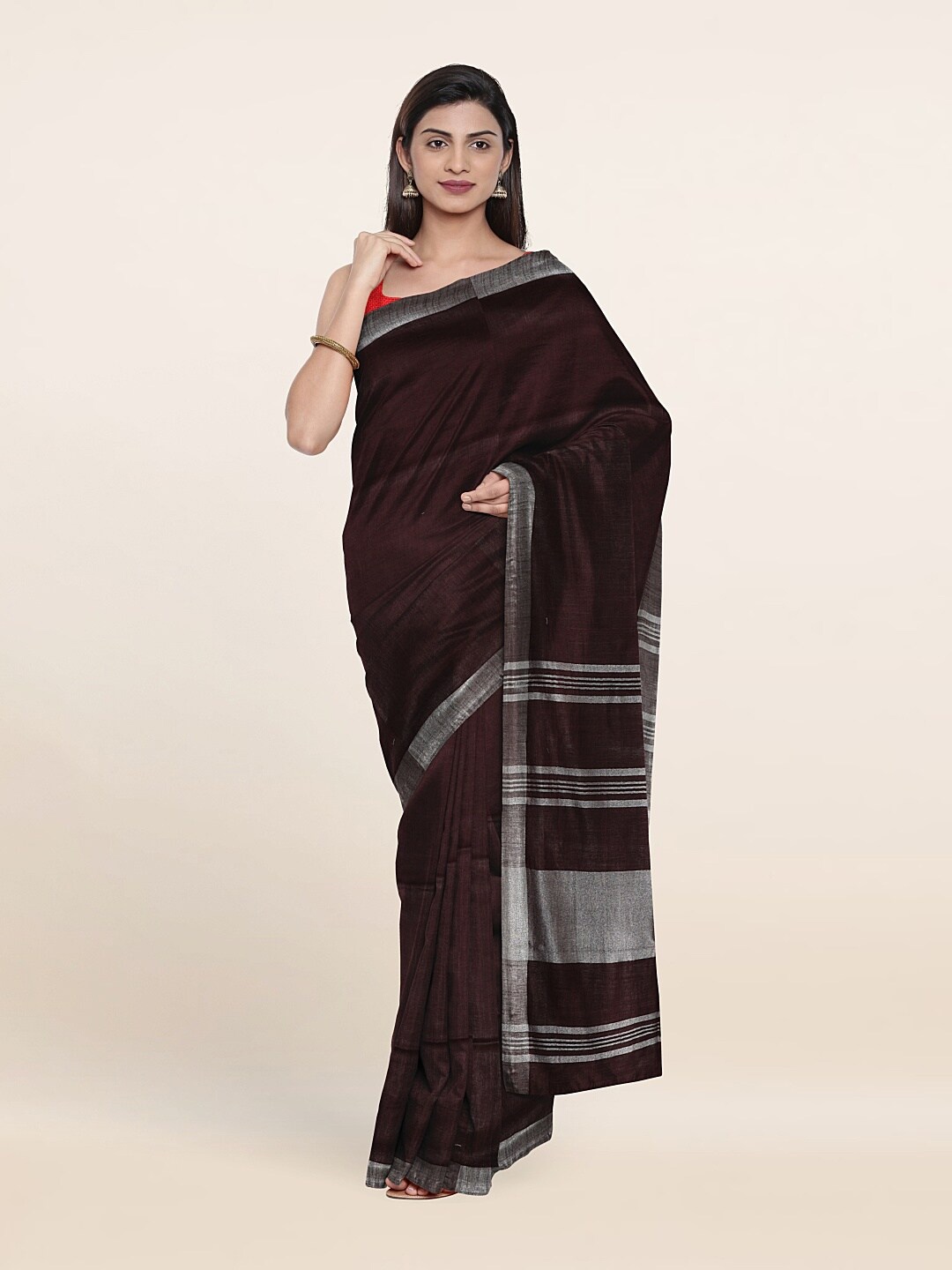

Pothys Printed Zari Linen Blend Saree, Brown