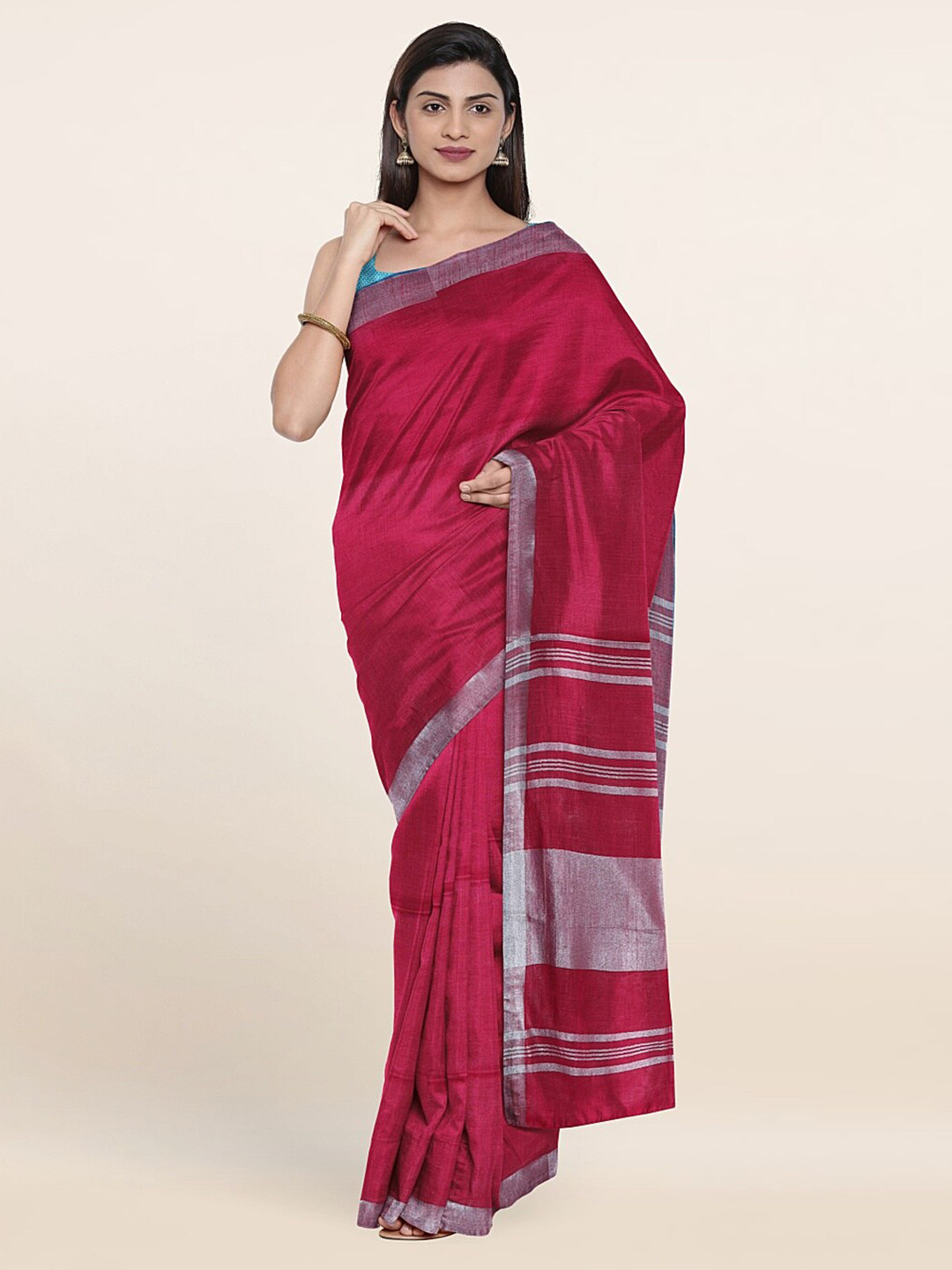 

Pothys Printed Zari Linen Blend Saree, Pink