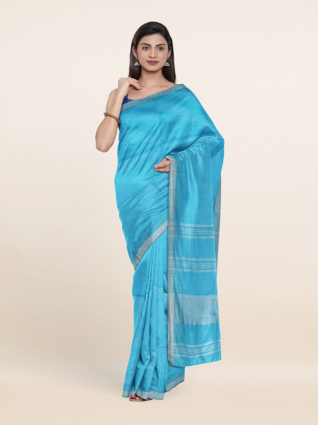 

Pothys Printed Zari Linen Blend Saree, Blue