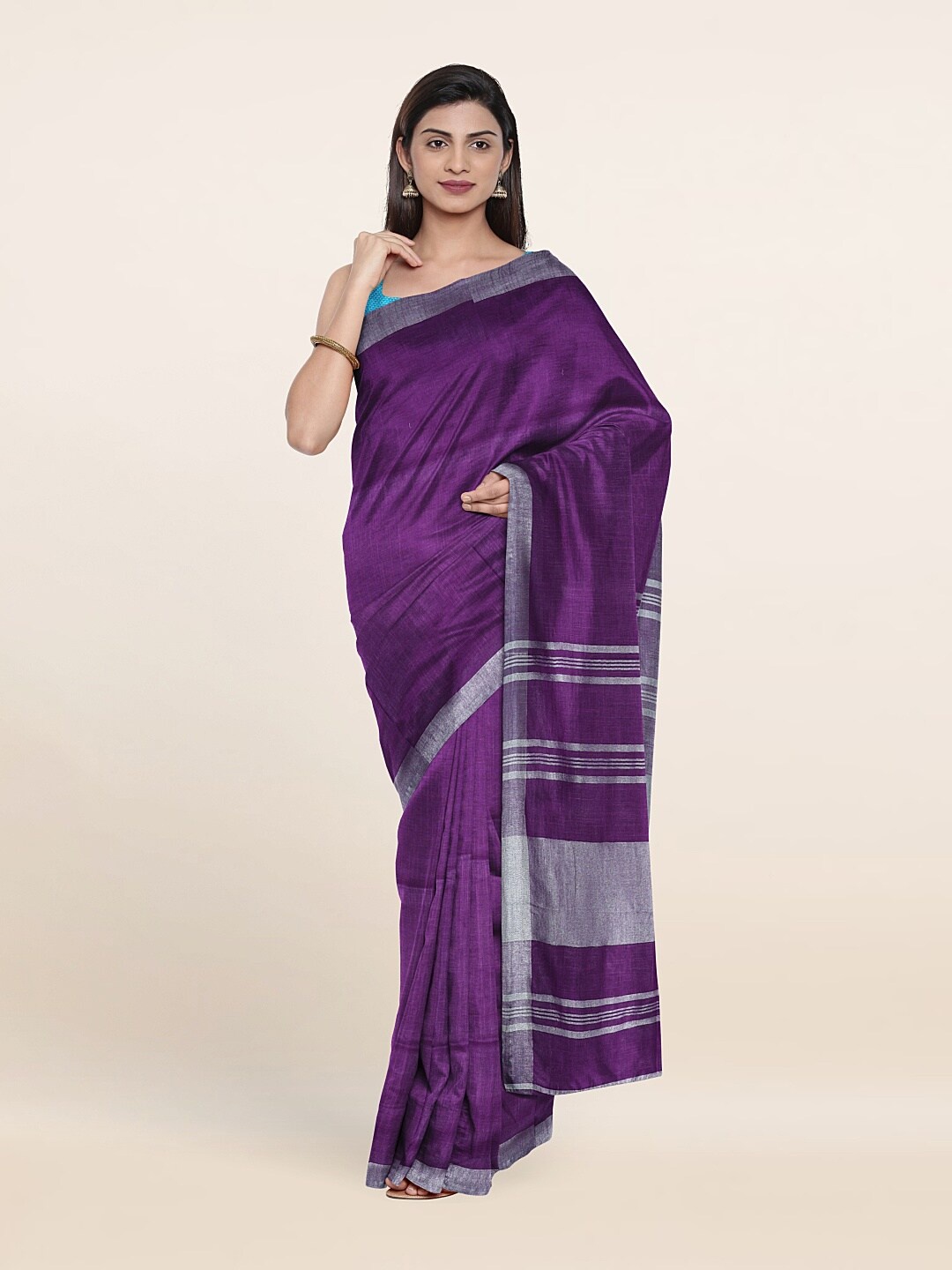 

Pothys Violet & Silver-Toned Zari Linen Blend Saree