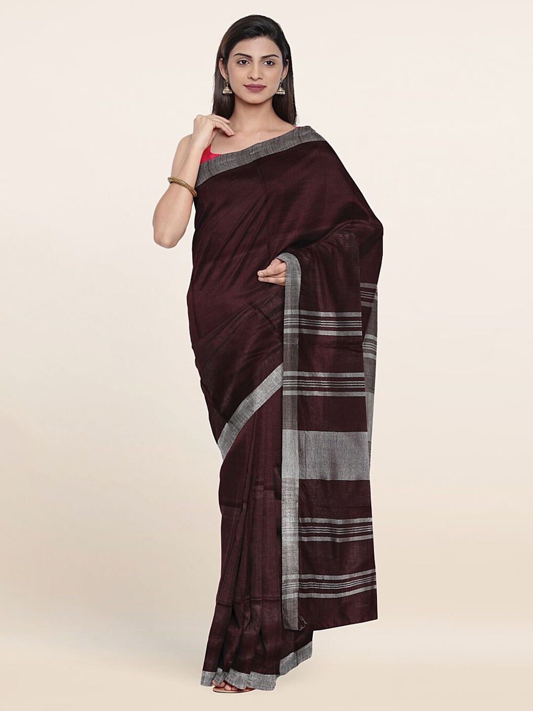

Pothys Brown & Silver-Toned Zari Linen Blend Saree