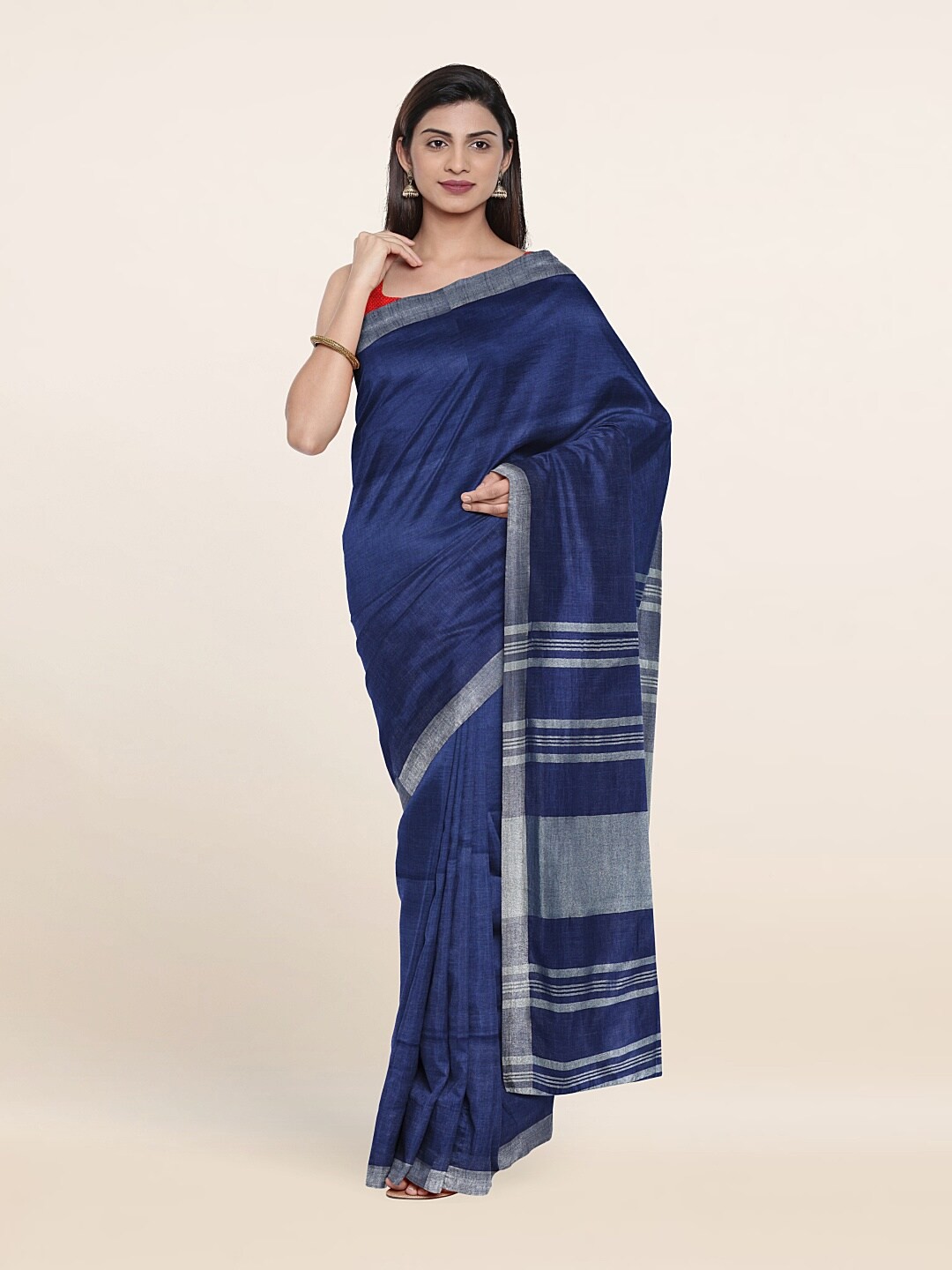 

Pothys Blue & Silver-Toned Zari Linen Blend Saree