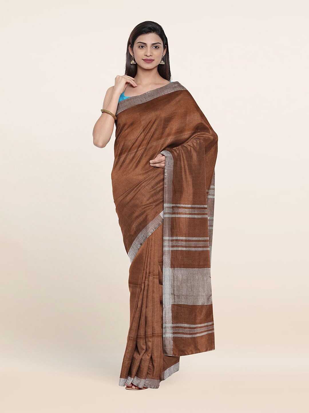 

Pothys Brown & Silver-Toned Zari Linen Blend Saree