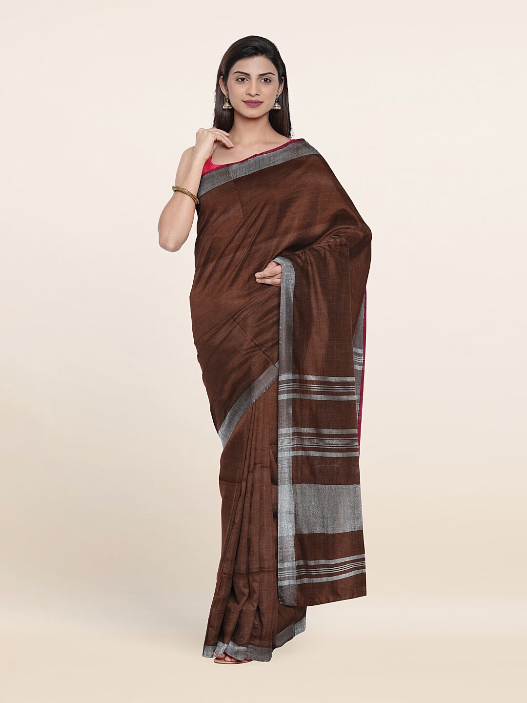 

Pothys Zari Linen Blend Saree, Brown