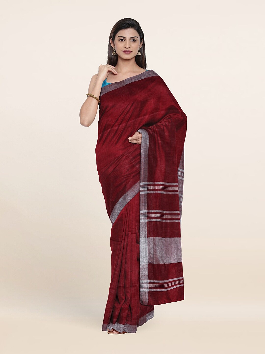 

Pothys Maroon & Silver-Toned Zari Linen Blend Saree