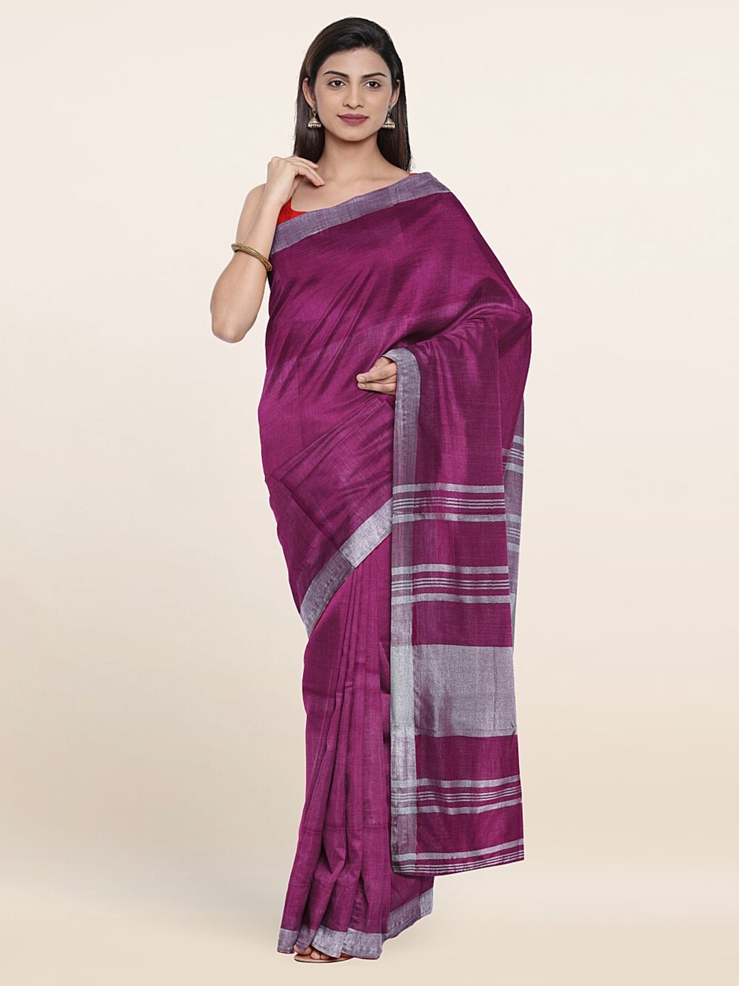 

Pothys Printed Zari Linen Blend Saree, Violet