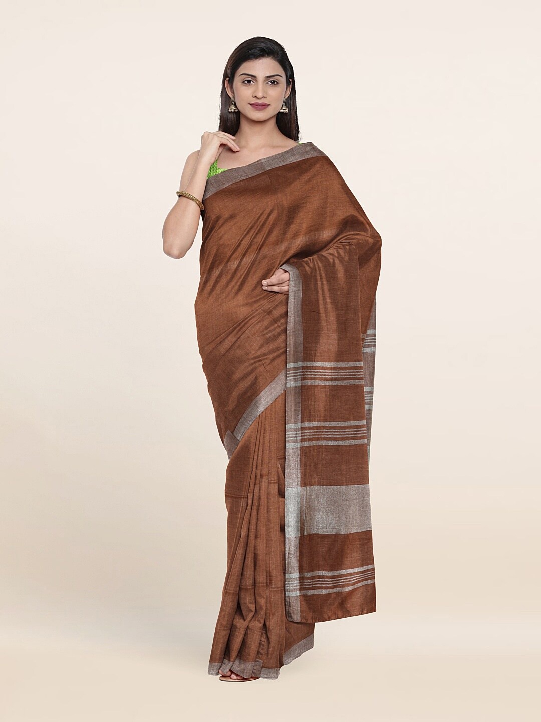 

Pothys Brown & Silver-Toned Zari Linen Blend Saree
