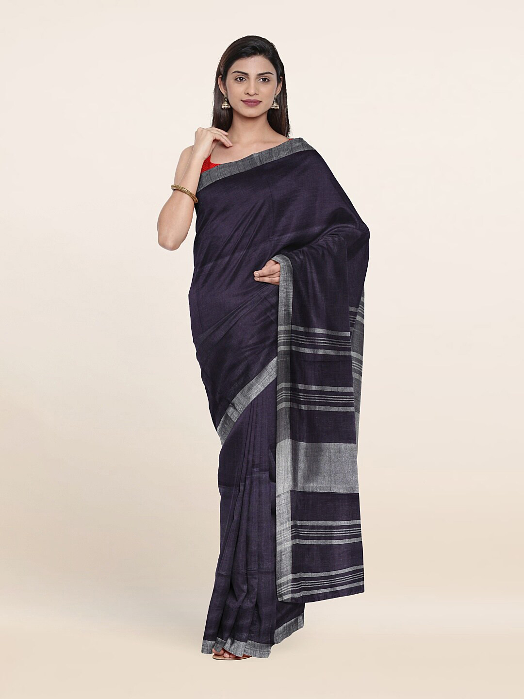 

Pothys Blue & Silver-Toned Zari Linen Blend Saree