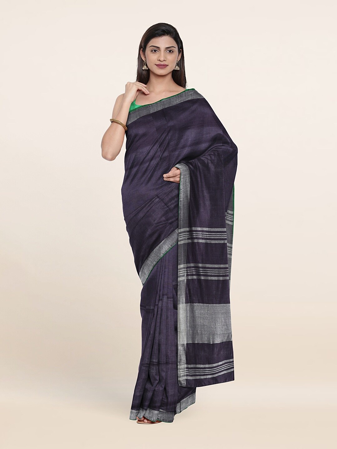 

Pothys Blue & Silver-Toned Zari Linen Blend Saree