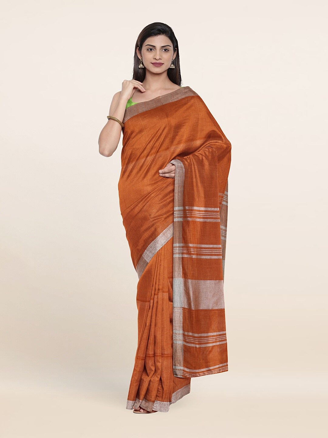 

Pothys Orange & Silver-Toned Zari Linen Blend Saree