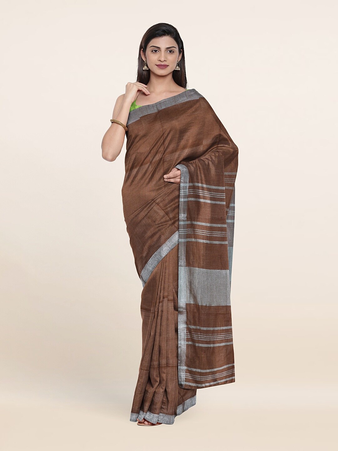 

Pothys Brown & Silver-Toned Zari Linen Blend Saree