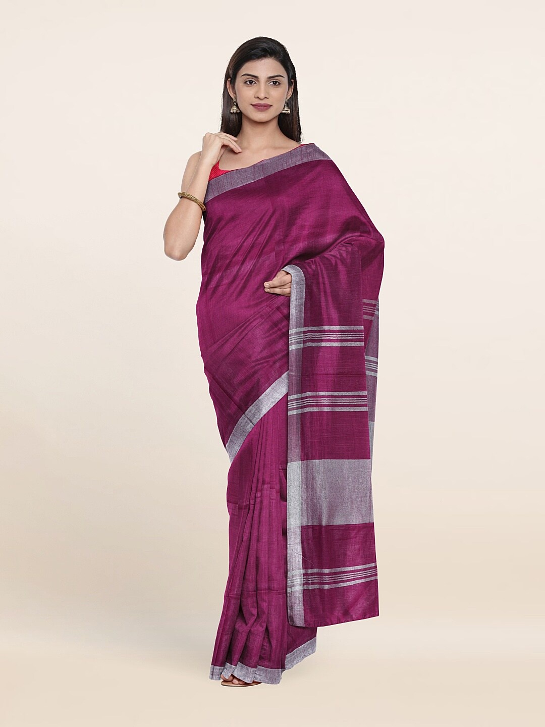 

Pothys Purple & Silver-Toned Zari Linen Blend Saree