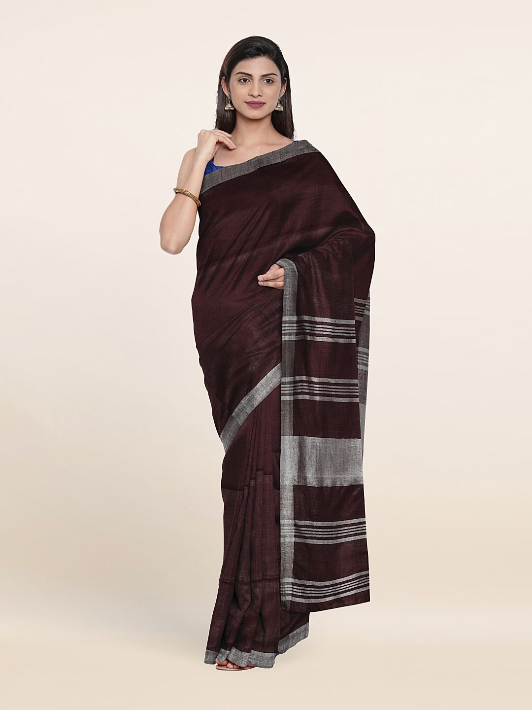 

Pothys Brown & Silver-Toned Zari Linen Blend Saree