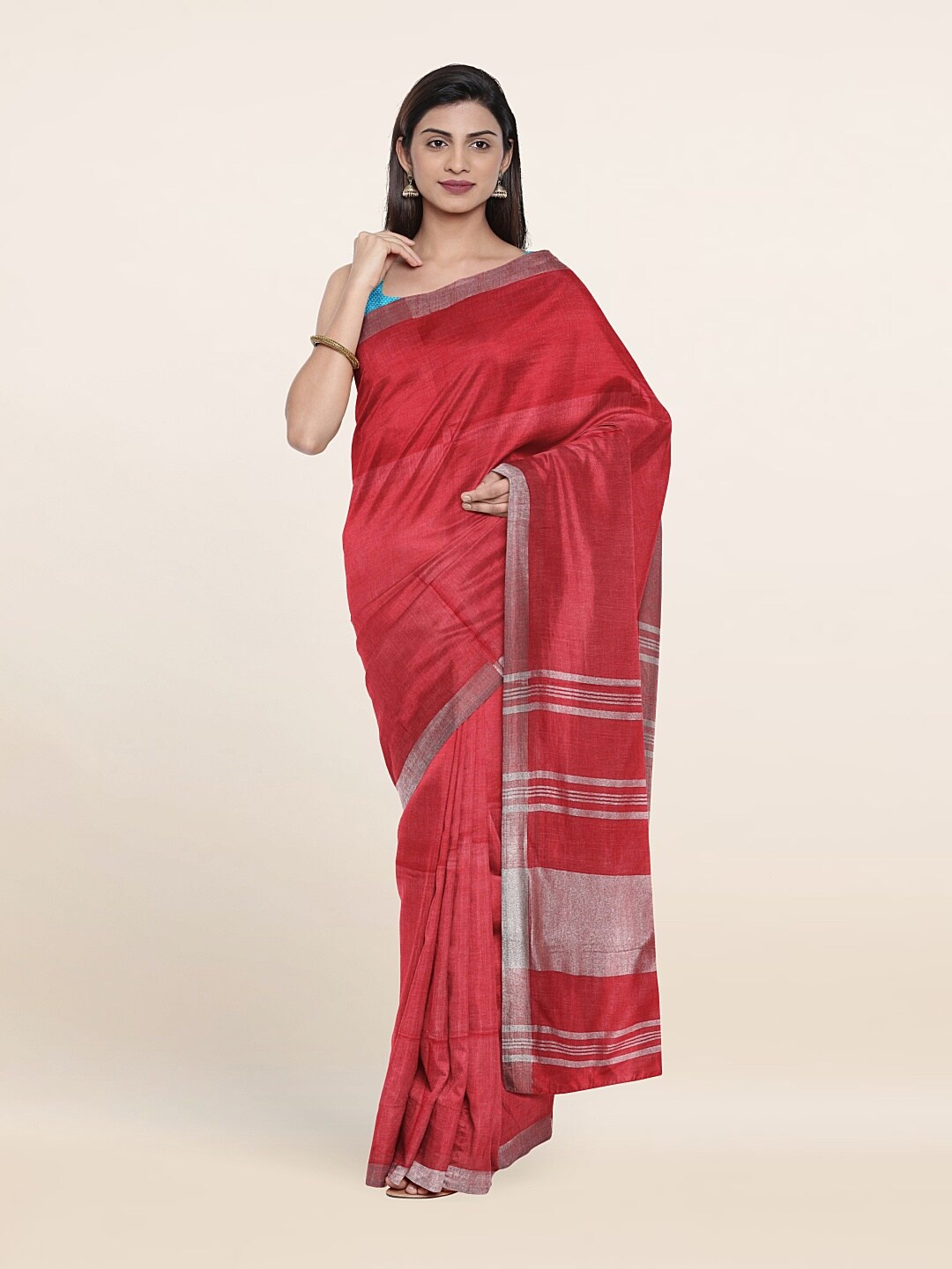 

Pothys Pink & Silver-Toned Zari Linen Blend Saree