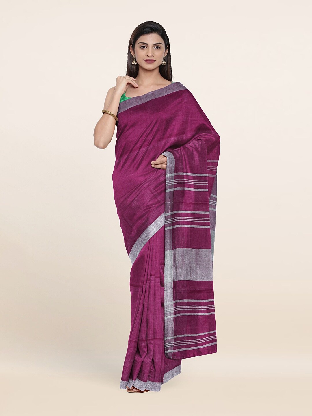

Pothys Purple & Silver-Toned Zari Linen Blend Saree