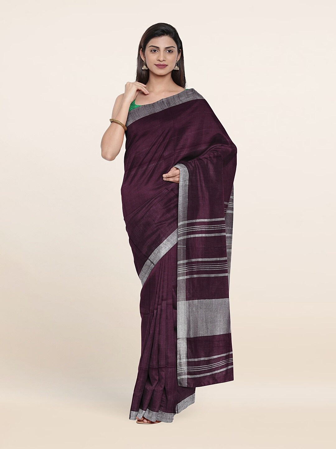 

Pothys Purple & Silver-Toned Zari Linen Blend Saree